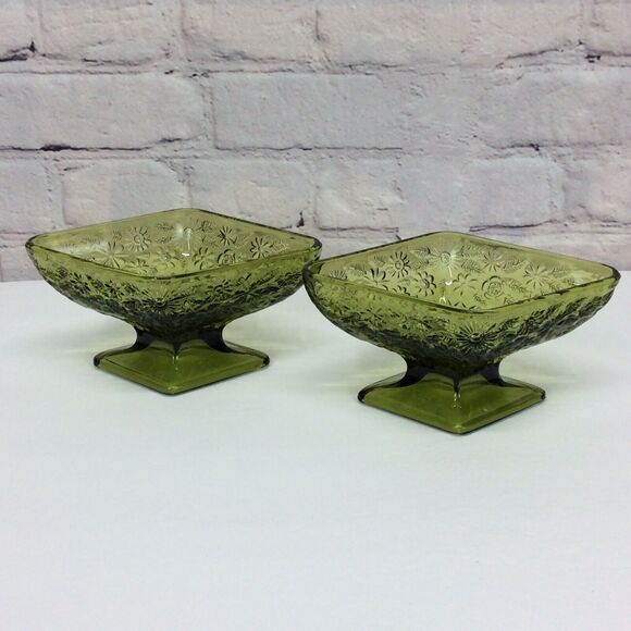 Vintage Indiana Glass Olive Green Diamond Shape Pedestal Candy Dish Bowl Set 2 - Picture 1 of 12